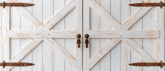 Rustic white wooden barn door with visible wood grain and weathered texture, featuring cross brace design and aged metal hinges and handles, showcasing charming decay aesthetic