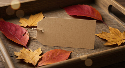 Warm autumn leaves surround blank kraft paper tag in rustic wooden tray, perfect for seasonal greetings