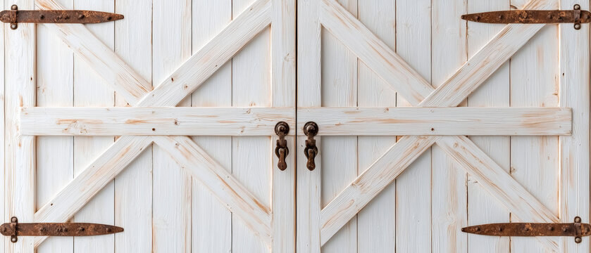 Rustic white wooden barn door with visible wood grain and weathered texture, featuring cross brace design and aged metal hinges and handles, showcasing charming decay aesthetic