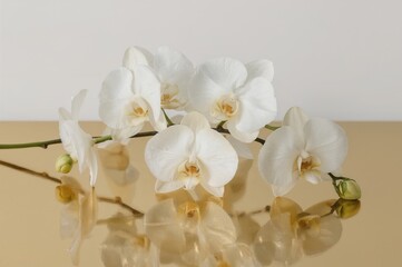 Obraz premium Glossy golden backdrop featuring a branch of white orchids