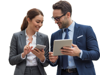 Two business people in suits looking at a tablet and smartphone