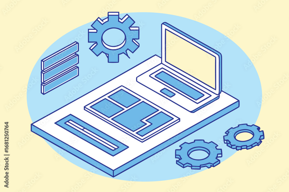 Wall mural isometric illustration of laptop and gears representing web development and coding vector