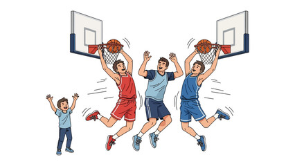 Basketball Showdown: Capturing the essence of athleticism and teamwork, vibrant illustration of basketball players in mid-air, striving for victory. Witness the intensity, camaraderie.
