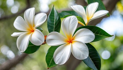Fototapeta premium White plumeria blooms in a natural environment