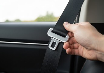 Close up of a hand buckling a seat belt before driving a car.