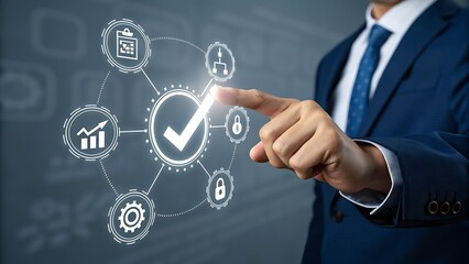 A businessman is shown interacting with a digital interface, highlighting icons related to quality control, compliance, and business processes, indicating success and approval in meeting standards