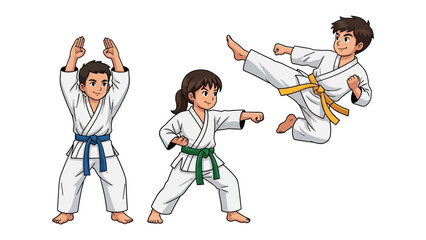 Karate Kids: A dynamic illustration of three young karate practitioners, each showcasing distinct poses in their martial arts uniforms. 