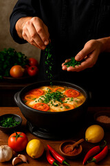 Chef finalizando moqueca capixaba tradicional em panela de barro