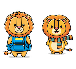 Cute lion cartoon characters ready for school and winter. Animal mascot, cartoon, illustration, playful, cheerful, design, cheerful, backpack, scarf, fun.