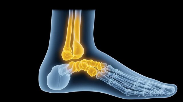 A skeleton foot with a yellow bone in the middle. The yellow bone is a broken ankle