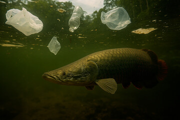 Pirarucu nadando em rio amaz&ocirc;nico com polui&ccedil;&atilde;o pl&aacute;stica