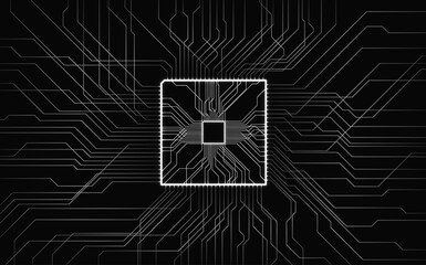 A white microchip is centered within an intricate design of circuit patterns against a solid black background. The geometric layout emphasizes technology and connectivity.