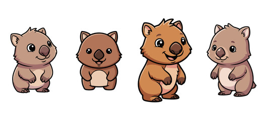 Four cute wombats standing, smiling. Adorable marsupials, cartoon characters, wildlife art, animal illustration, cuddly animals, happy, friendly, cheerful, illustration