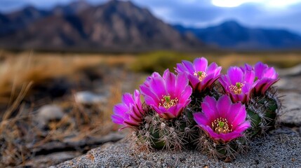 Vibrant pink cactus flowers elegantly bloom against the stunning backdrop of the Sierra Nevada mountains in California's desert landscape.