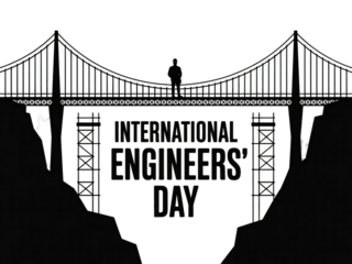 Silhouette of an engineer standing proudly on a massive bridge