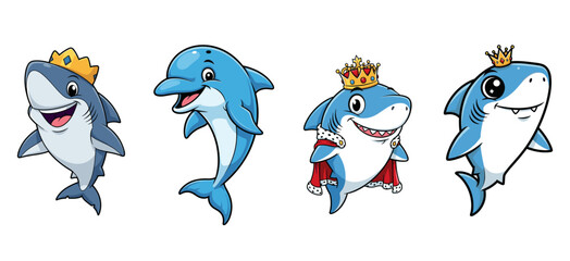 Cartoon sea animals featuring sharks and a dolphin wearing crowns. Aquatic royalty, ocean life, cute characters, marine creatures, playful, illustration.