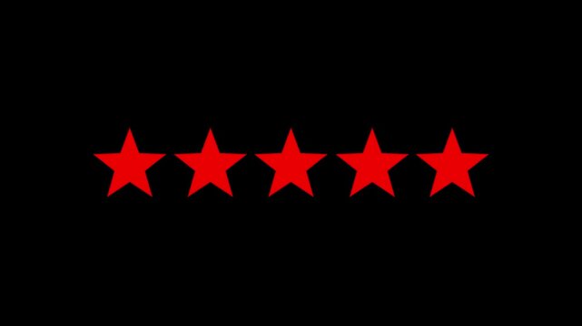five out of five red stars rating animation on black. customer satisfaction meter: five stars animation. achieving a perfect five-star score animation. selecting a perfect rating ui animation. 