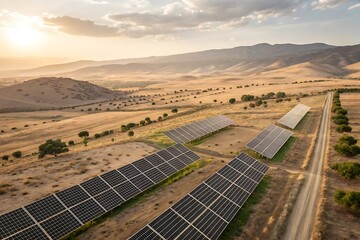 Aerial View of a Solar Farm in a Dry, Hilly Landscape at Sunset solar panels renewable energy