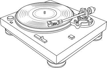 Turntable: A clean line art illustration of a turntable or record player, in a simple, minimalist, and isometric style.