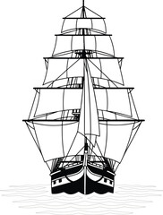 Ship: A detailed illustration of a majestic sailing ship at sea, with full sails, in a classic, hand-drawn sketch style.
