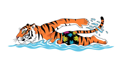 Swimming tiger in a pool: A vibrant cartoon illustration of a tiger swims with elegance through turquoise waters, with a bright smile, donning swimming trunks and embodying pure.