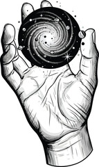 Space: A detailed line art illustration of a human hand holding a swirling galaxy, representing cosmic power and a creative imagination.