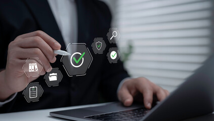 Businessman using digital pen and laptop with approval icons checklist and document management symbols. Concept of business workflow project management compliance and productivity