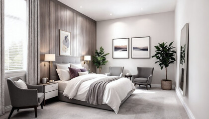 Modern bedroom with neutral tones and king-size bed
