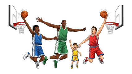 Basketball Unity: A vibrant illustration captures a multi-ethnic group of athletes soaring through the air, perfectly showcasing the essence of teamwork, competition, and the thrill of the game.