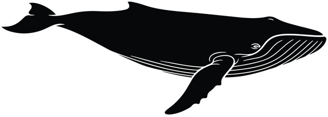 Whale: A clean black silhouette of a humpback whale swimming, highlighting its majestic form and peaceful nature.
