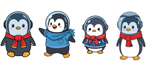Cute penguins wear astronaut helmets and outfits. Cartoon characters, animal, kawaii, space, science fiction, futuristic, adorable