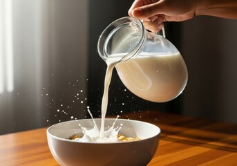 Milk Pouring Over Cereal in a Bowl.