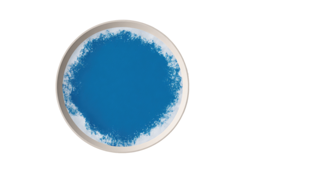 Overhead view of a round, light beige plate with a vibrant, textured, cobalt-blue center.  A subtle, splotchy, light-blue/white border surrounds the deep blue