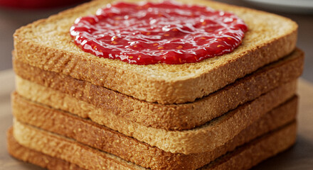 Delicious stack of golden toasted bread generously topped with vibrant raspberry jam, perfect breakfast treat