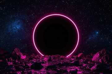 Abstract cosmic background with glowing neon portal and energy source