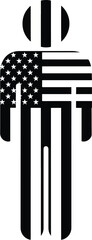 Man: A stylized illustration of a human figure with an American flag pattern, symbolizing patriotism, America, and culture.