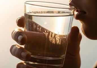 Person drinking a refreshing glass of pure water in the morning sunlight.