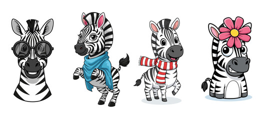 Cartoon zebras with accessories pose. Cute animal characters, digital art, illustration, comic, fun.