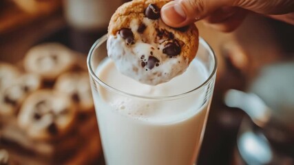 Hand reaching for a chocolate chip cookie in a glass of milk - Powered by Adobe