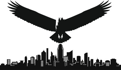 Eagle: A powerful black silhouette of a bald eagle in flight over a city skyline, symbolizing urban power and freedom.