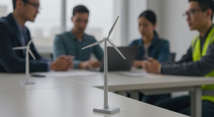 Business team discussing projects wind turbine model