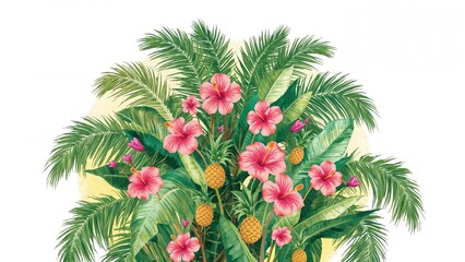 Isolated elements of a tropical farm featuring palm trees, coconuts, pineapples, and floral branches in digital art style