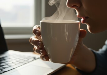 Person sipping a hot steaming beverage from a white mug while working on a laptop by a window.