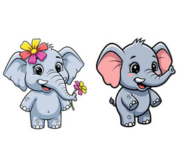 Fototapeta premium Cute cartoon elephants stand smiling, one holding a flower. Baby animal illustration, cheerful, sweet, playful, friendship, love, whimsical, friendly, happy, nursery