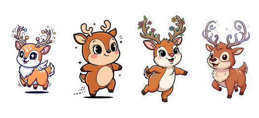 Cute cartoon reindeer set illustration. Whimsical reindeer, christmas, holiday, fantasy, animal, mascot, deer, xmas, childish, festive, happy, magical, decorative