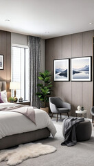 Fototapeta premium Modern bedroom with neutral tones and king-size bed 