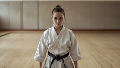 Karateka stands focused empty dojo wooden floor calm determined gaze