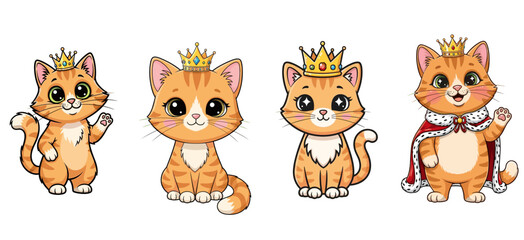 Cartoon ginger cats wear crowns and cape. Cute king, royalty, pets, illustration, animals, cartoon, kittens, orange, sitting, waving, fun, cheerful.