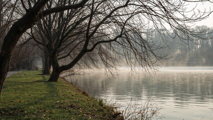 Trees without leaves near a softly focused water body in a botanical park