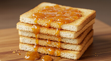 Deliciously sweet toast stacked high, dripping with golden apricot jam, perfect for breakfast.